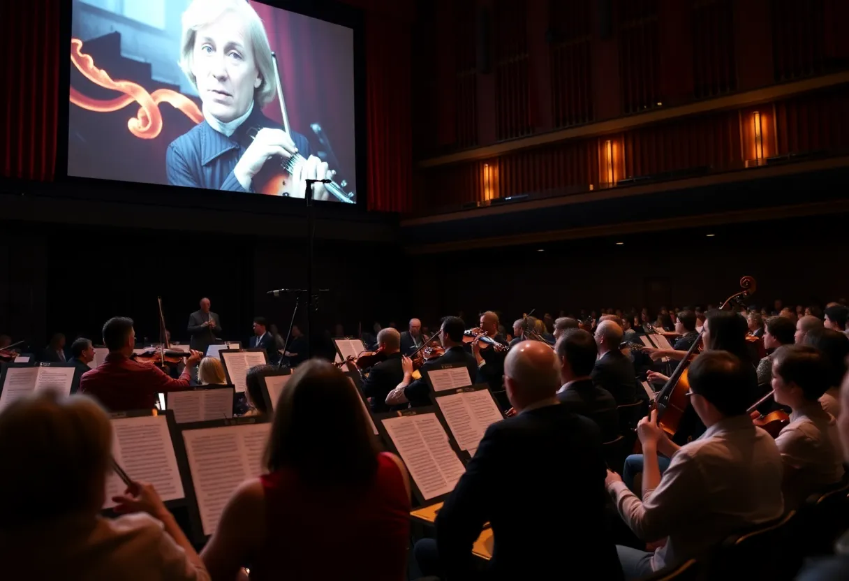 Audience enjoying a live orchestra concert during the screening of Frankenstein.