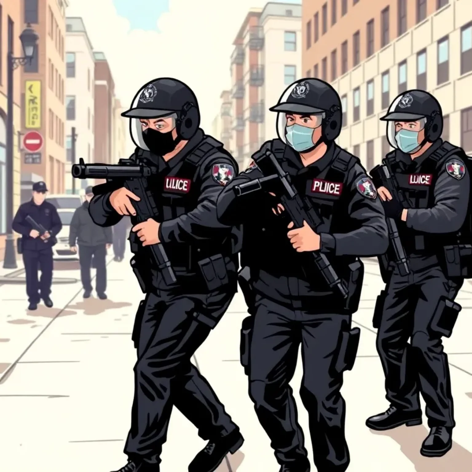 Law enforcement officers apprehending a suspect in an urban environment