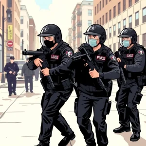 Law enforcement officers apprehending a suspect in an urban environment
