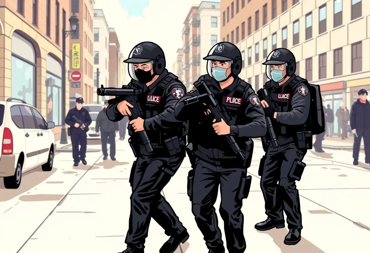 Law enforcement officers apprehending a suspect in an urban environment