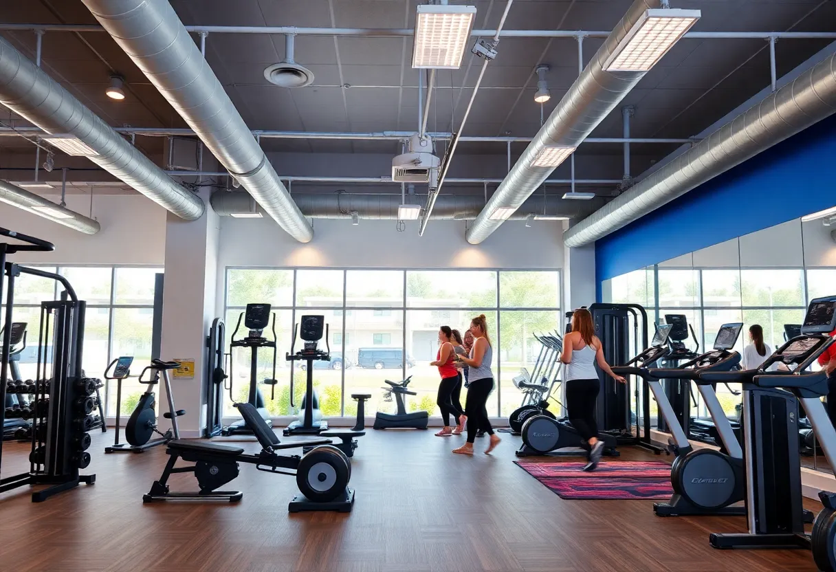 Interior of Genesis Health Clubs Pelican Athletic Club with gym equipment and members exercising.