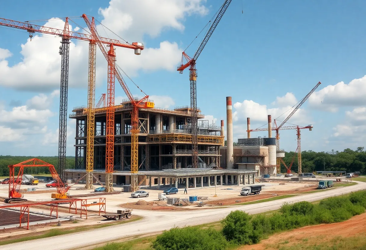 Construction site of Hyundai Steel Plant in Louisiana with cranes and workers