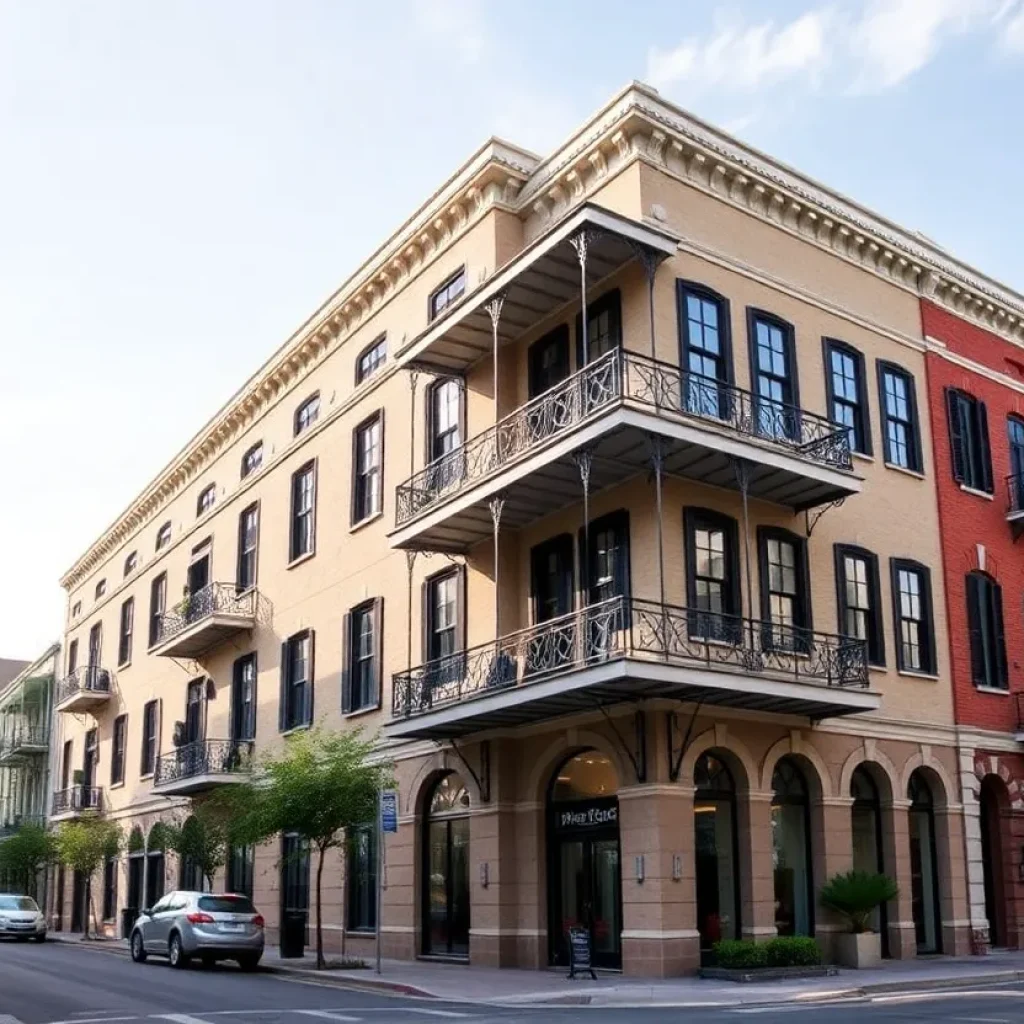 Exterior view of the renovated IBM building transformed into senior housing in New Orleans.