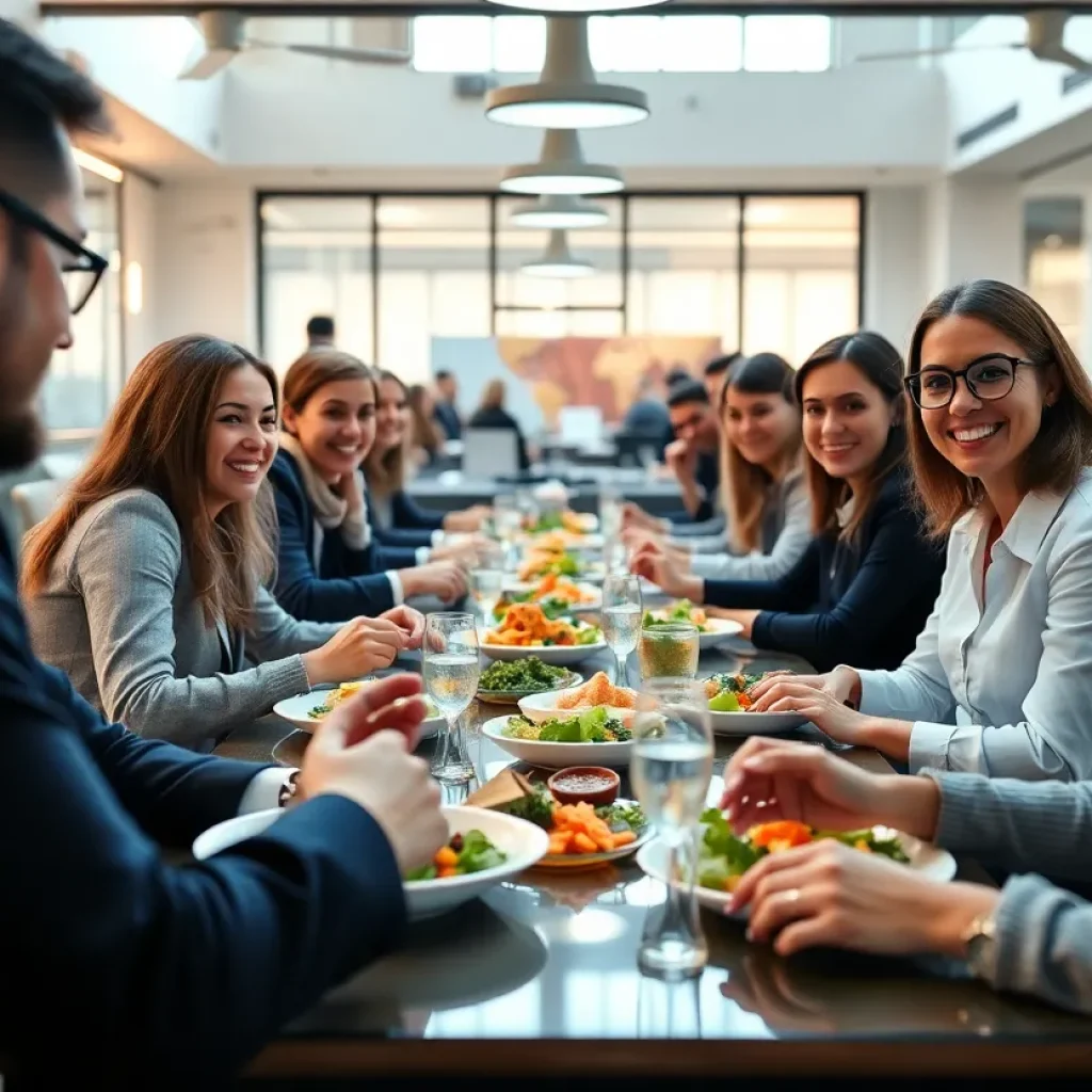 Employees engaging in a catered lunch at IMTT headquarters