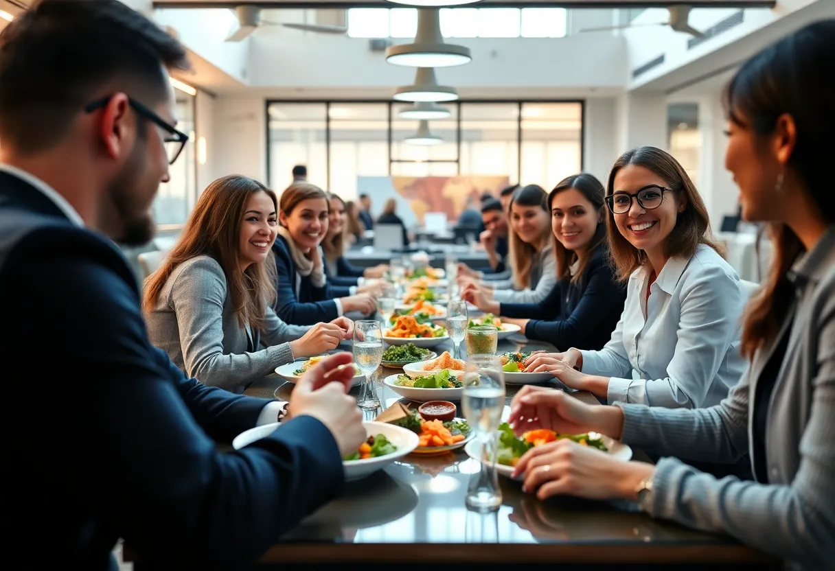 Employees engaging in a catered lunch at IMTT headquarters