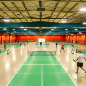 Interior view of a pickleball facility with players in action