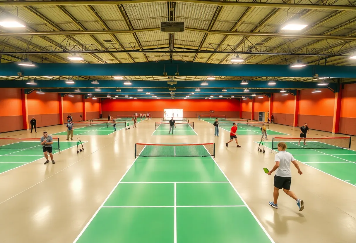 Interior view of a pickleball facility with players in action