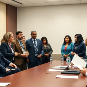 Diverse group of business leaders and officials at a conference
