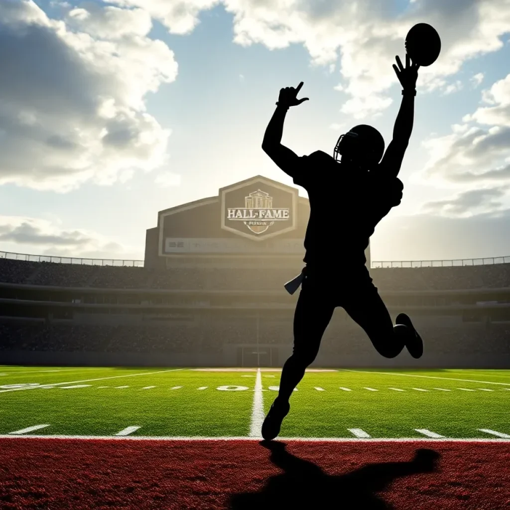 Celebratory scene of a football field with Hall of Fame banner