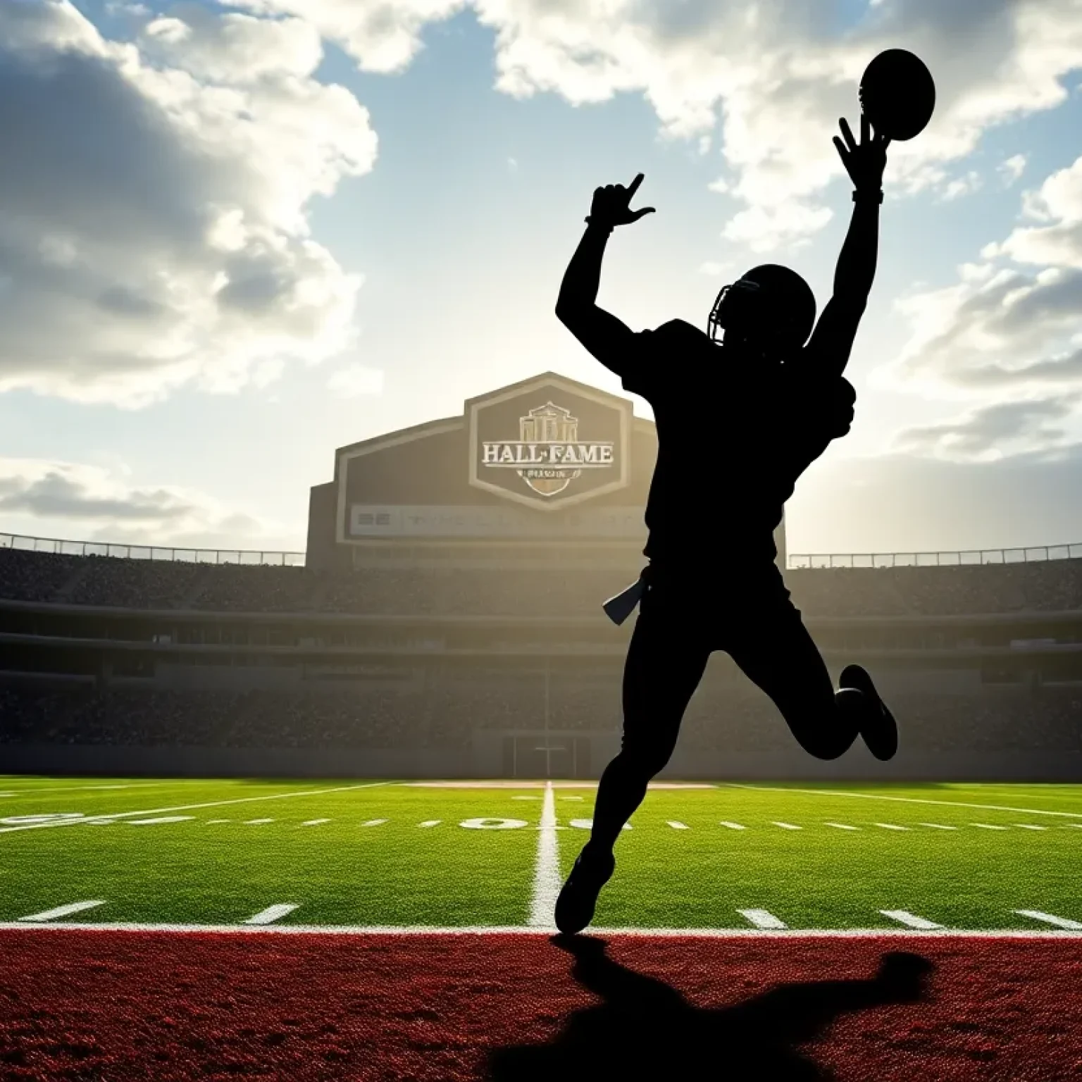 Celebratory scene of a football field with Hall of Fame banner