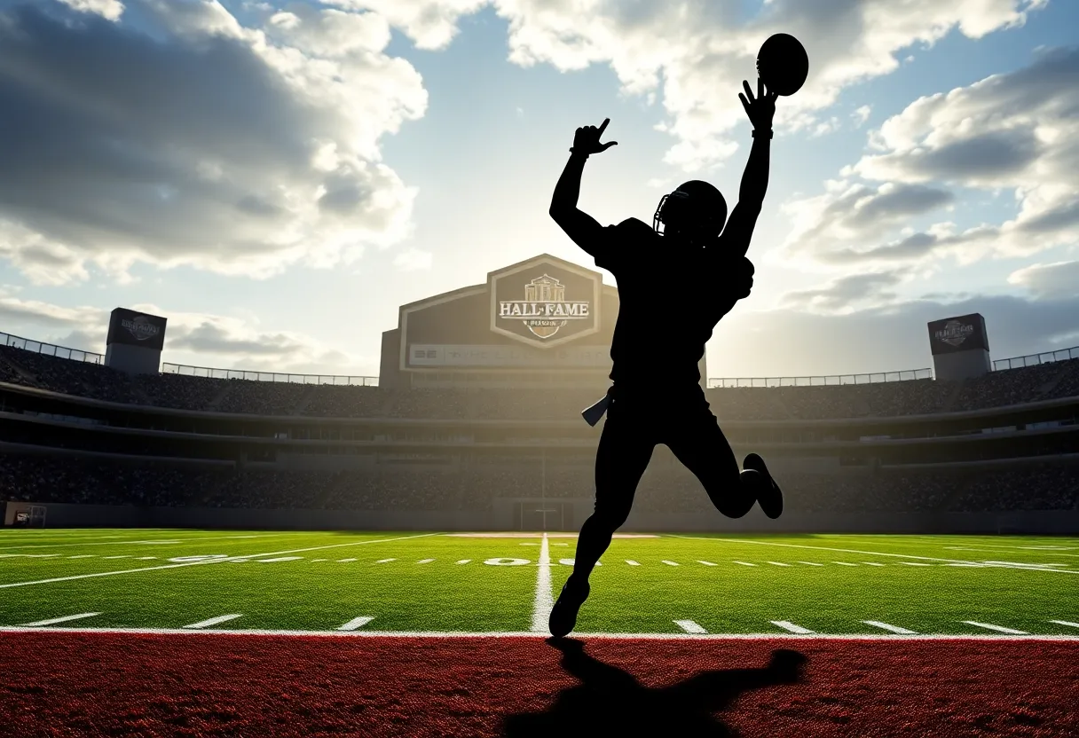 Celebratory scene of a football field with Hall of Fame banner