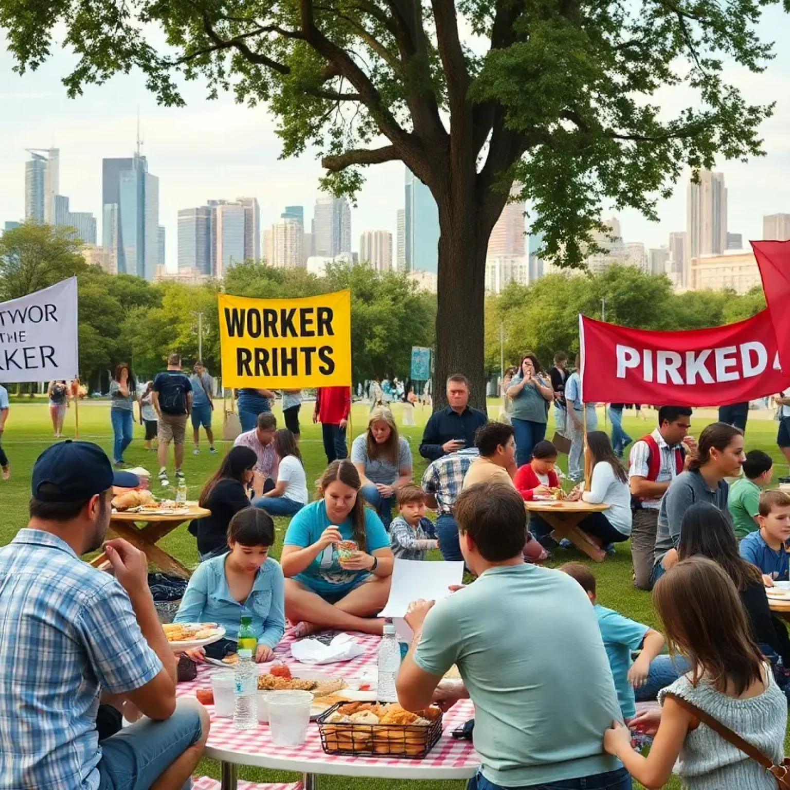 Families enjoying a Labor Day picnic in New Orleans with banners for worker rights.