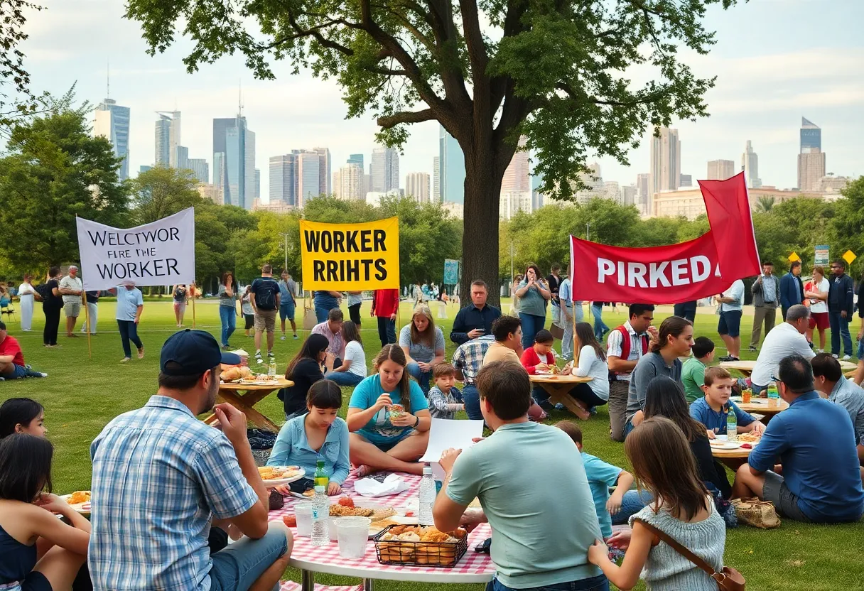 Families enjoying a Labor Day picnic in New Orleans with banners for worker rights.