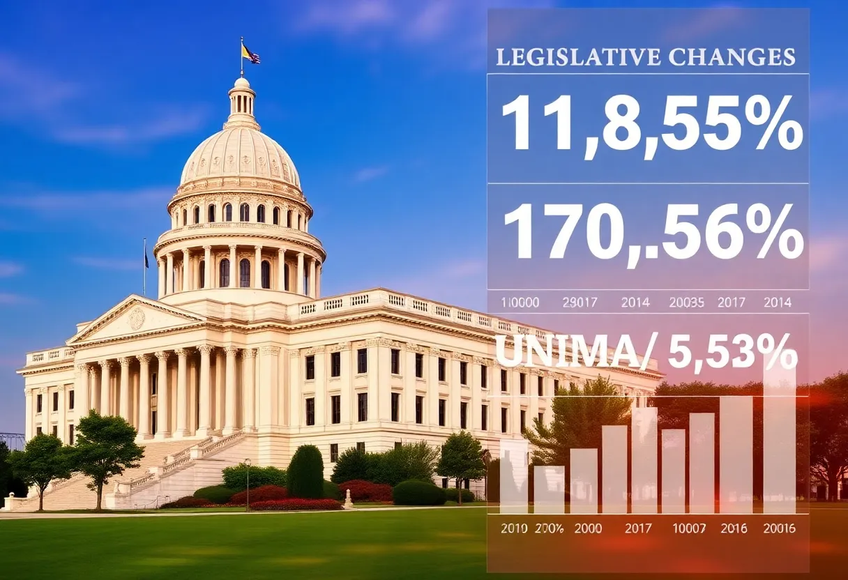 Capitol building of Louisiana with an overlay of economic data