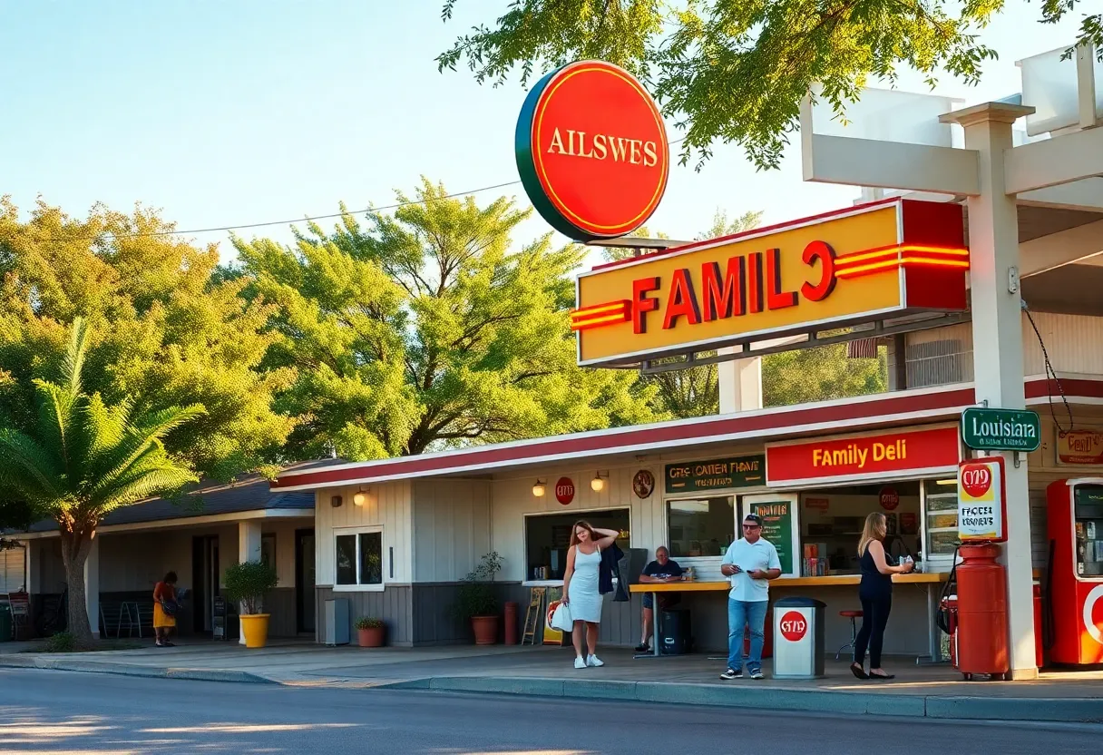 A family-owned gas station in Louisiana with a deli and customers