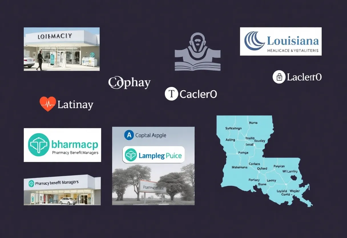 Collage depicting local pharmacies and pharmacy benefit managers in Louisiana