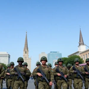 National Guard troops assisting in urban law enforcement in Louisiana.