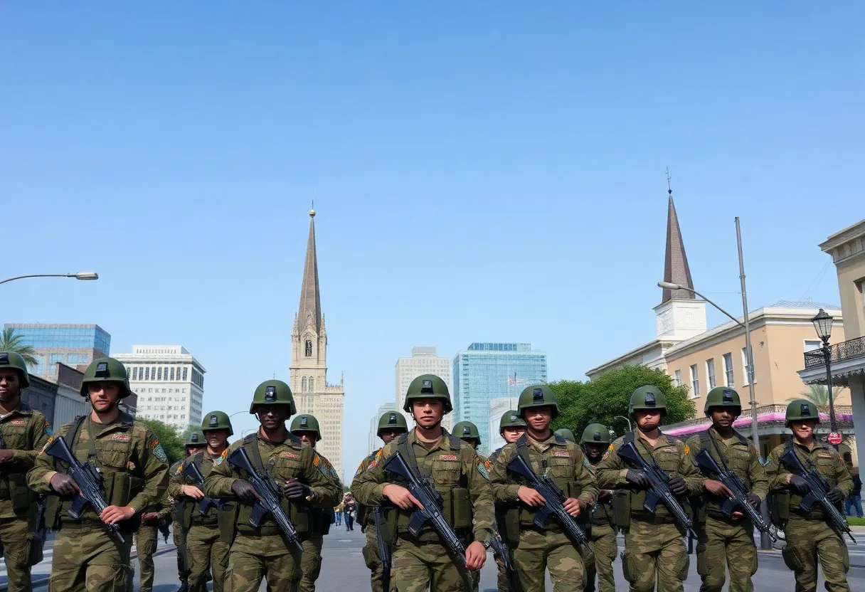 National Guard troops assisting in urban law enforcement in Louisiana.