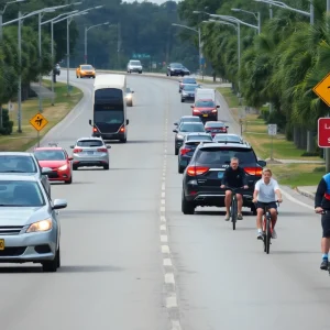 Traffic on a Louisiana road with safety signs