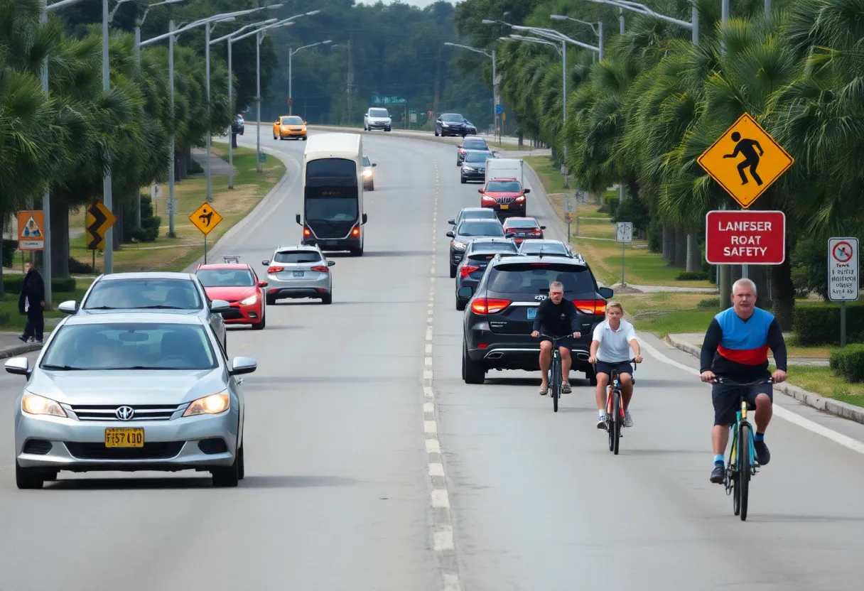 Traffic on a Louisiana road with safety signs