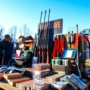 Display of firearms, ammunition, and hunting supplies for the Second Amendment Weekend Sales Tax Holiday in Louisiana.