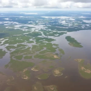 Aerial view of Louisiana wetlands showing signs of erosion.