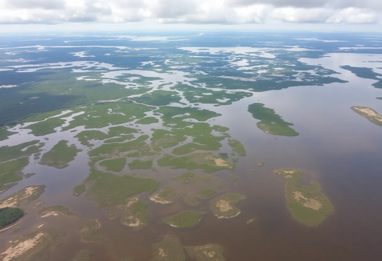Aerial view of Louisiana wetlands showing signs of erosion.