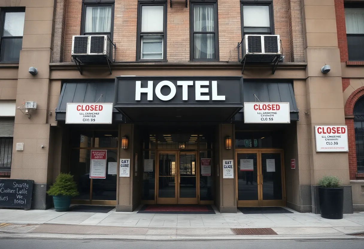 Exterior view of an abandoned LuxUrban hotel with closed signs.