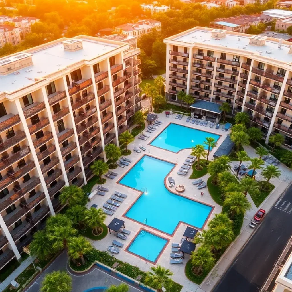 Aerial view of luxury apartment buildings in New Orleans with amenities like pools and green spaces.