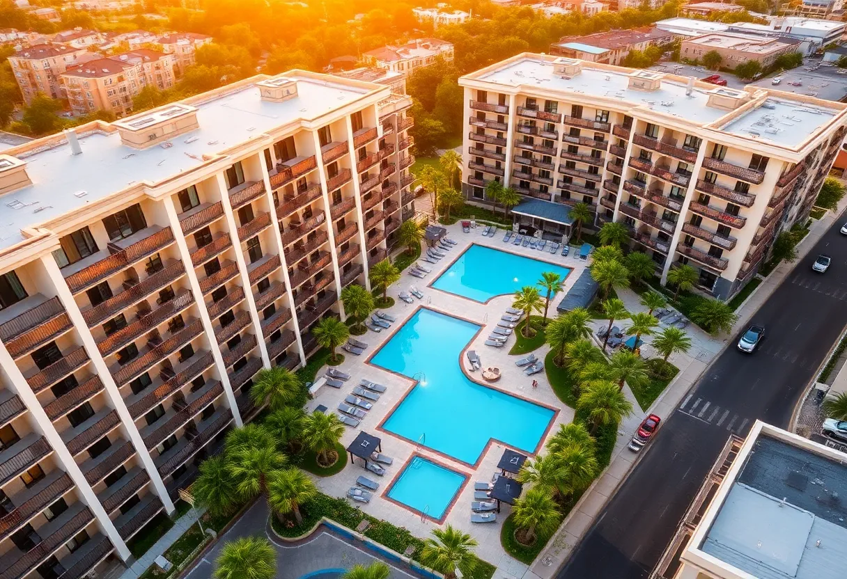 Aerial view of luxury apartment buildings in New Orleans with amenities like pools and green spaces.
