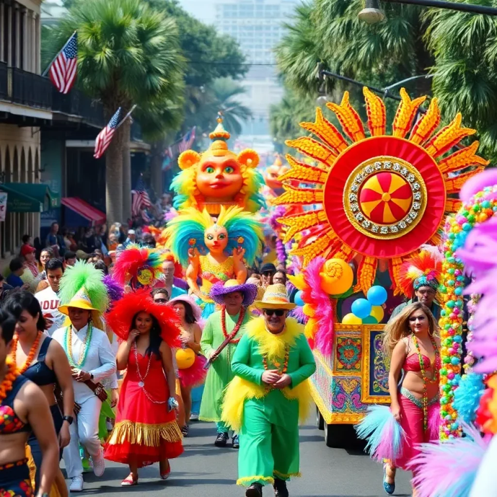Crowds enjoying Mardi Gras parade in New Orleans