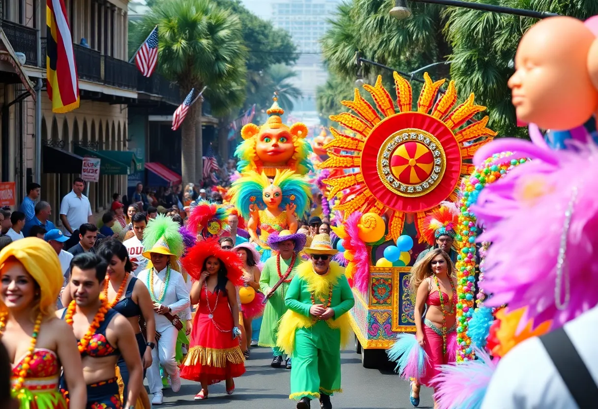 Crowds enjoying Mardi Gras parade in New Orleans