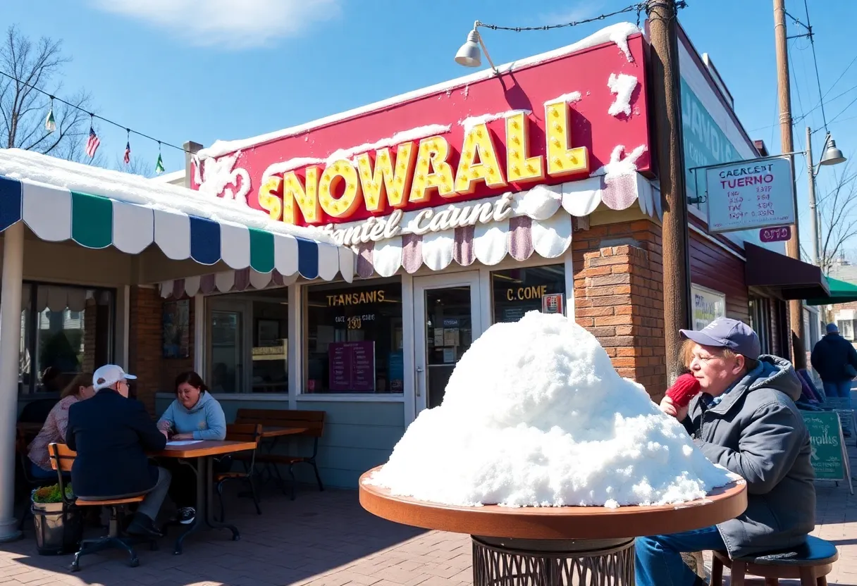 Exterior view of the new Meltdown Snoballs location with outdoor seating