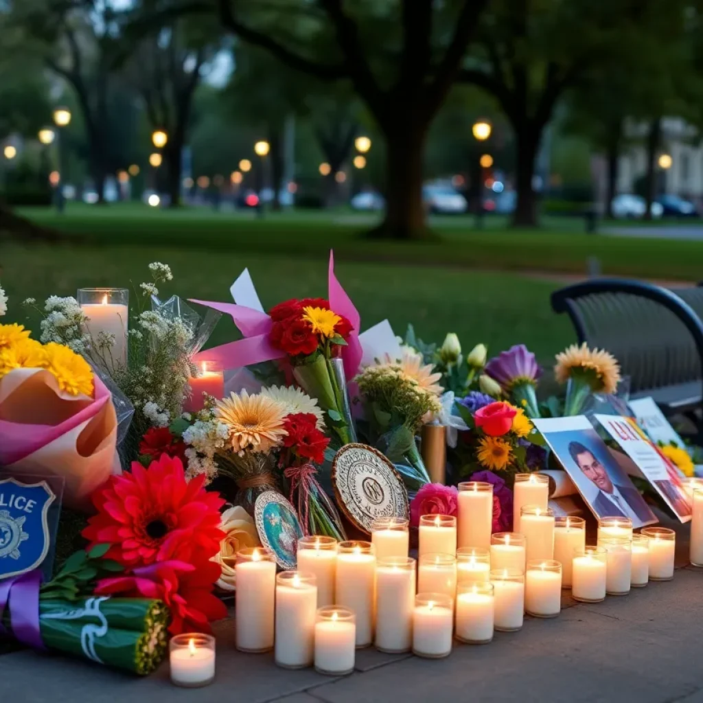 Candles and flowers arranged for a memorial in New Orleans