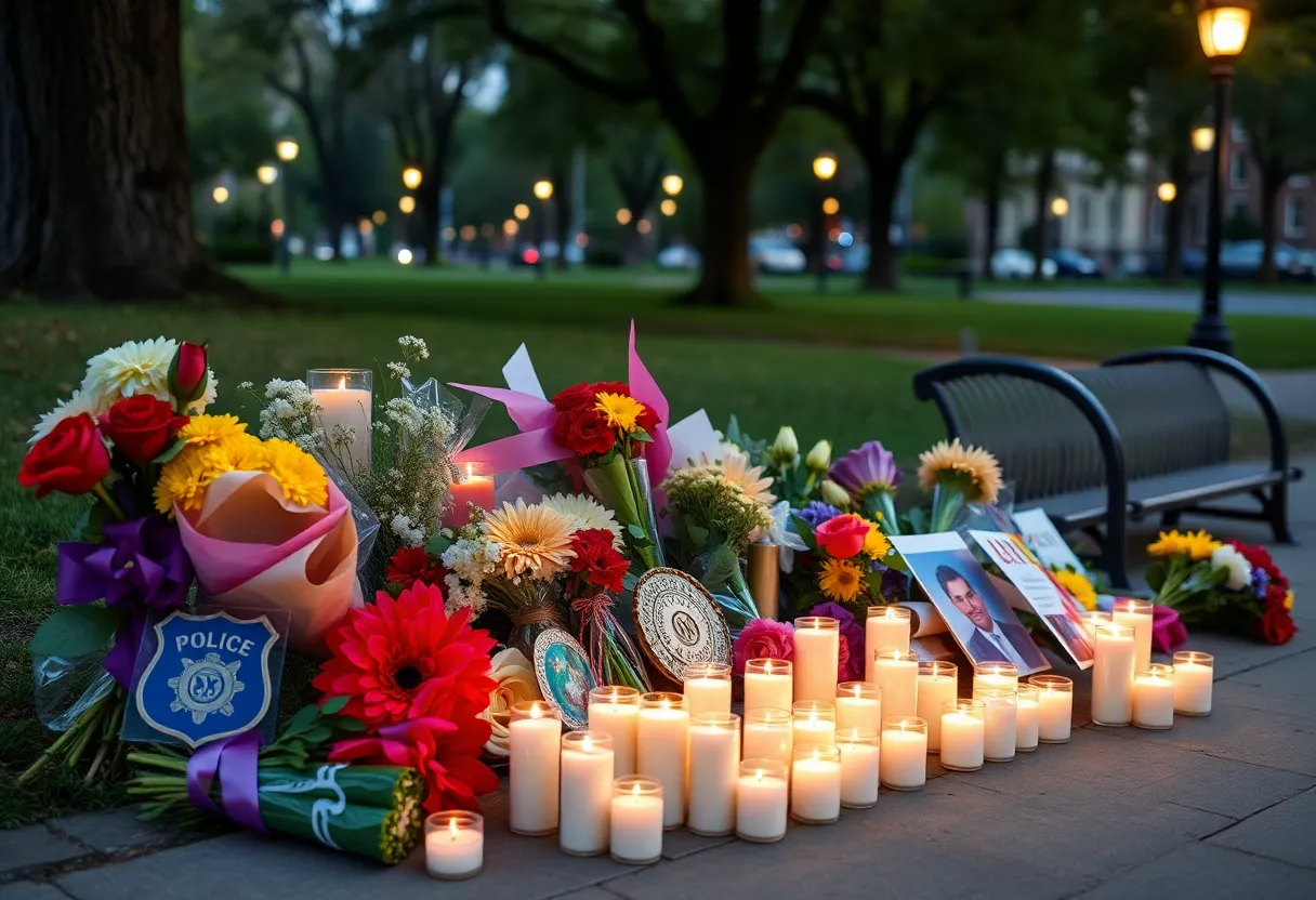 Candles and flowers arranged for a memorial in New Orleans