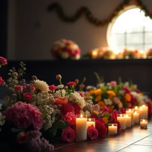 A beautiful memorial setting featuring flowers and candles.