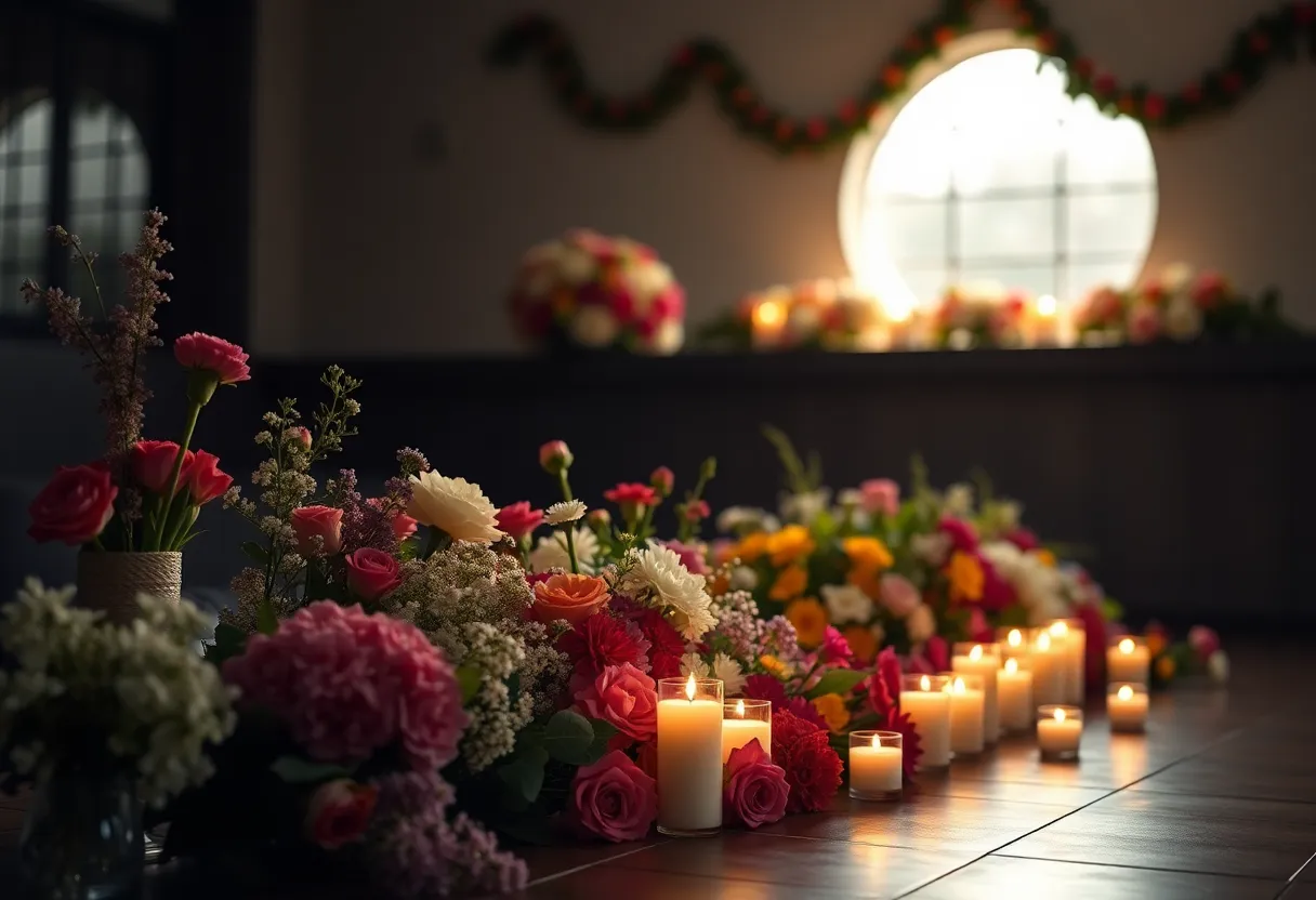 A beautiful memorial setting featuring flowers and candles.