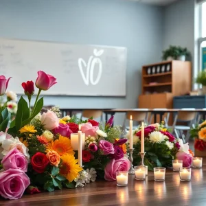 Memorial setup with flowers and candles in a classroom