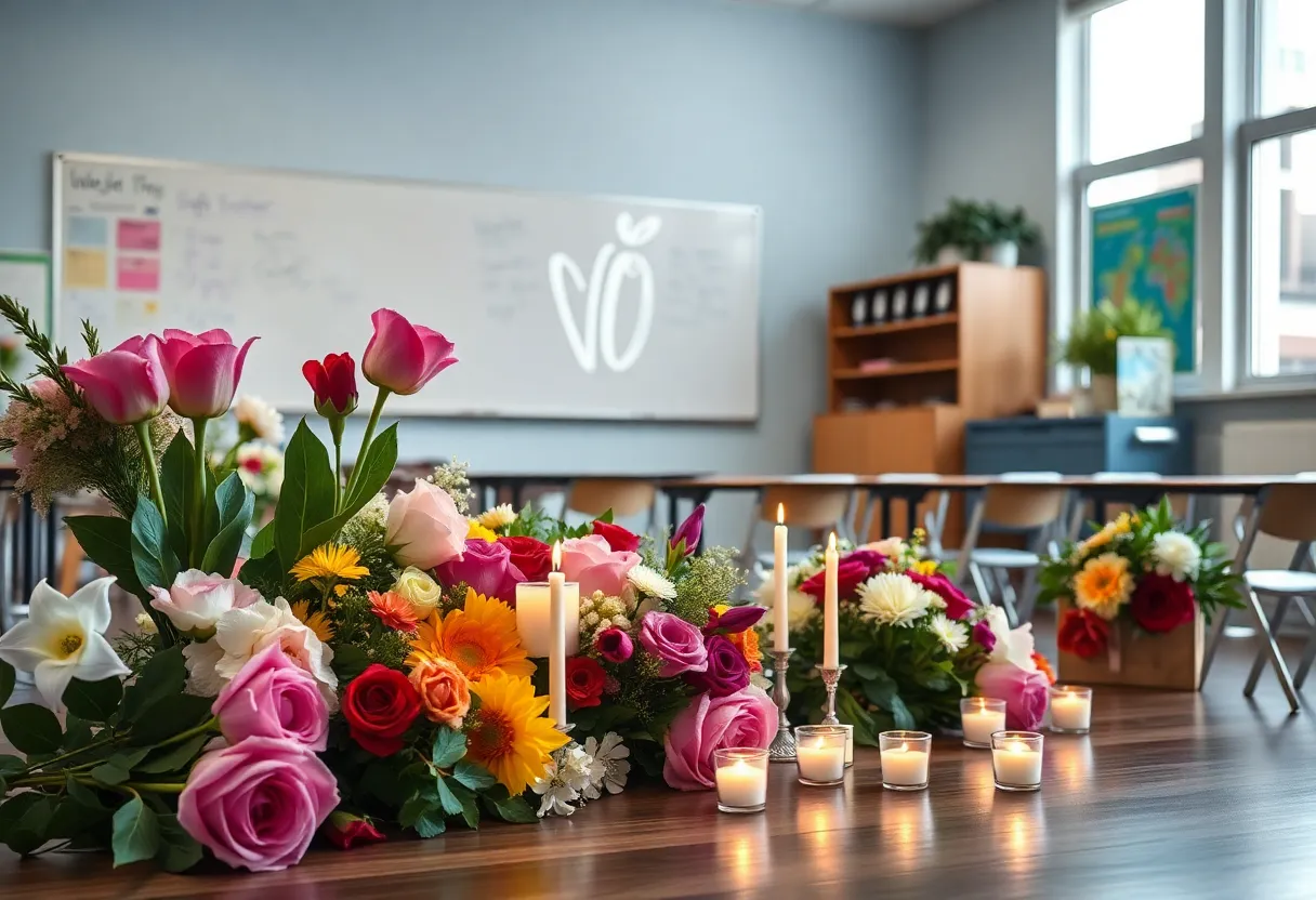 Memorial setup with flowers and candles in a classroom