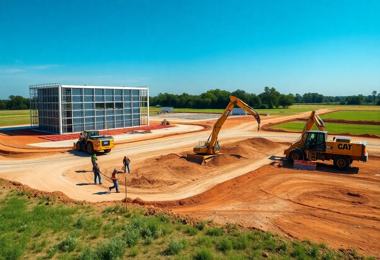 Construction site of Meta AI Data Center in Louisiana with workers and machinery.