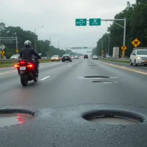 Motorcyclist navigating poor road conditions in Louisiana