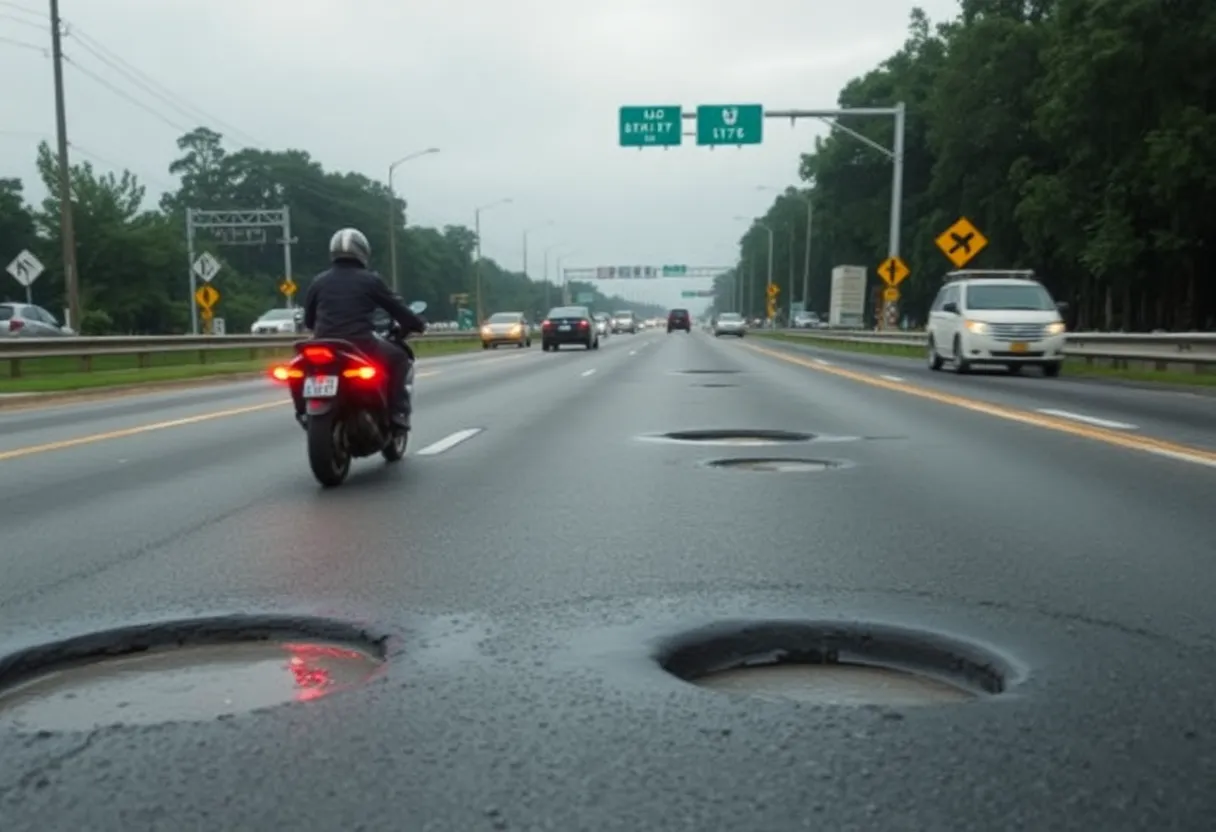 Motorcyclist navigating poor road conditions in Louisiana