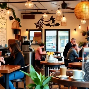 Coffee celebration in New Orleans with people enjoying coffee drinks.