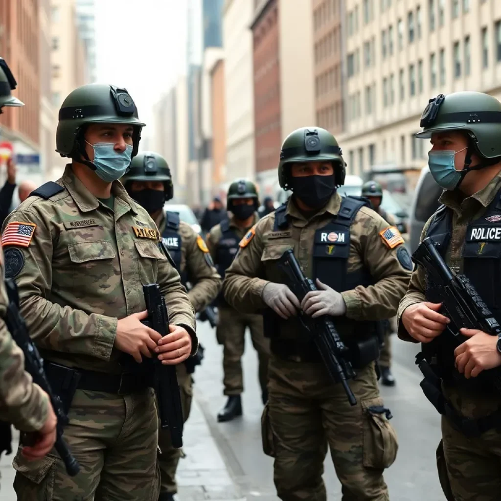 National Guard members providing support to local police in an urban area