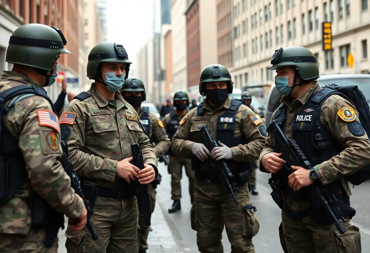 National Guard members providing support to local police in an urban area