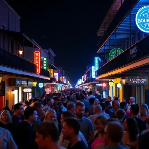 Crowd enjoying nightlife on Bourbon Street, New Orleans