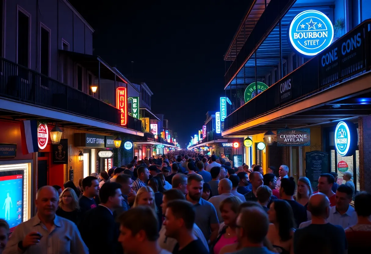Crowd enjoying nightlife on Bourbon Street, New Orleans