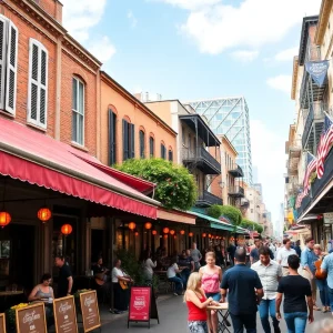 Bustling city street in New Orleans with restaurants and live music