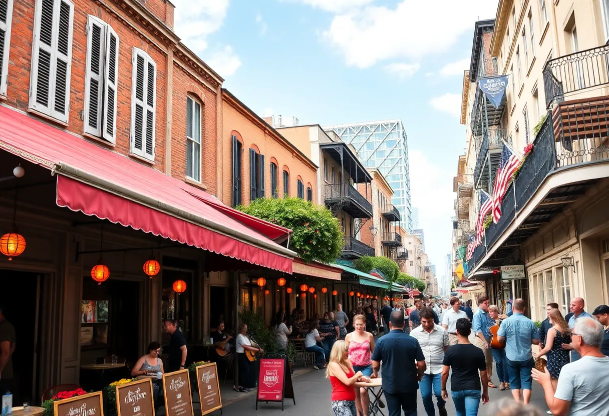 Bustling city street in New Orleans with restaurants and live music