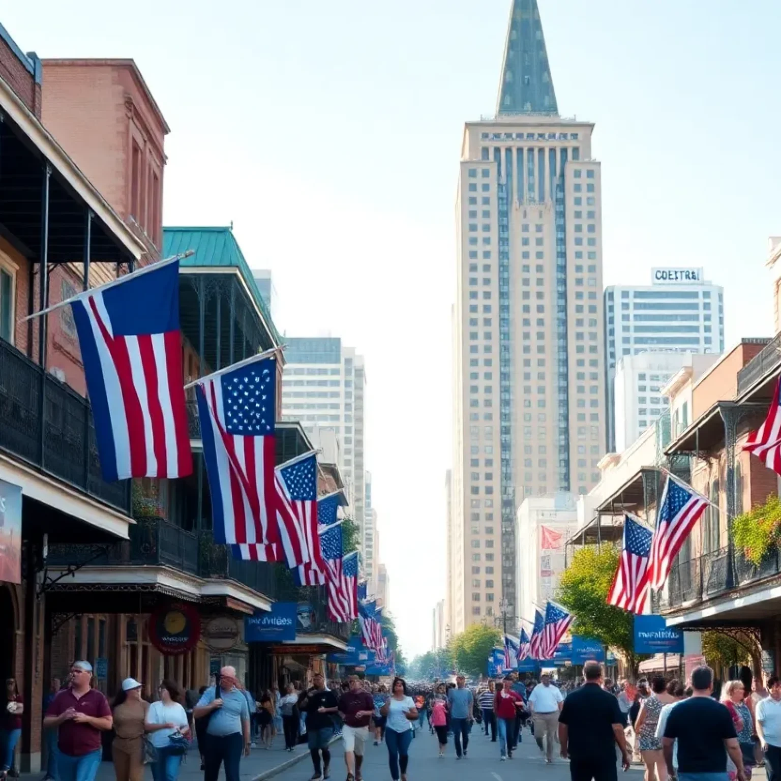New Orleans cityscape featuring campaign banners for the mayoral election